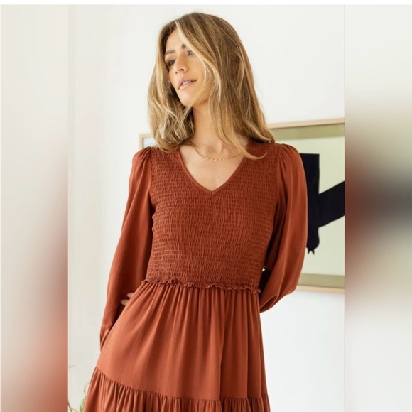 Boutique Bohme Terracotta Tiered Long Sleeve Midi Dress Size L Like New - Picture 4 of 7